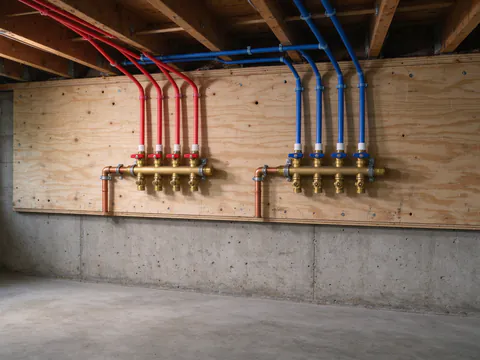 Red and blue PEX lines rising from two brass manifolds on a plywood board in a suburban Skokie basement