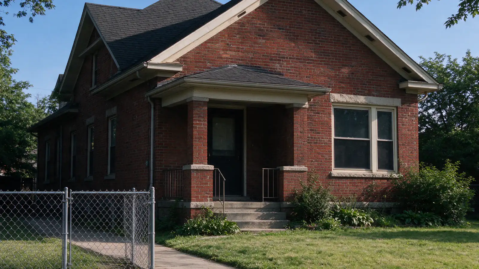 A red-brick house with a steep front gable and a small porch behind a chain-link fence in Roseland, Chicago