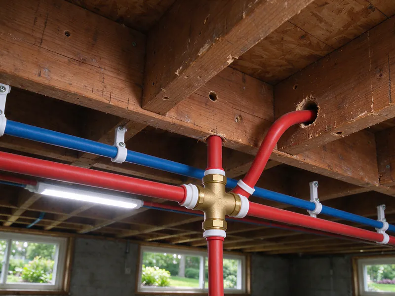 A red PEX hot line joined at a brass fitting with expansion rings under the joists, a blue cold line running separately