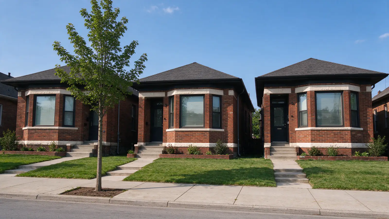 A row of three brick Chicago bungalows with hipped roofs and front bays in Auburn Gresham