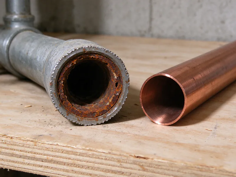 Rust scale narrowing the inside of a cut galvanized water pipe, next to the open end of new copper tube