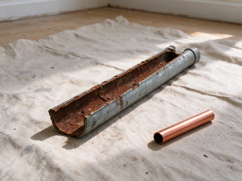 A section of old galvanized riser cut open to show rust scale, beside a short piece of new copper