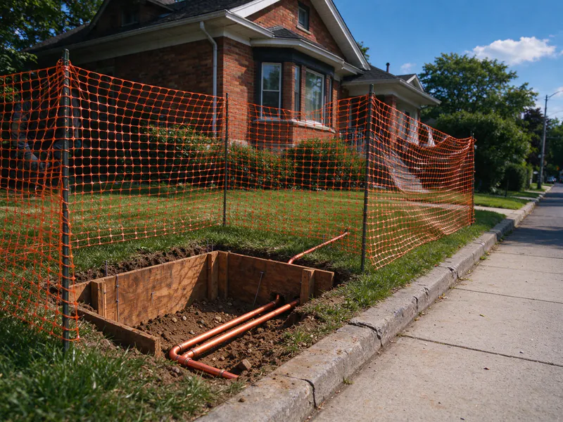 A shored excavation in a Chicago parkway with new copper water service tube in the trench, ringed by orange safety fence