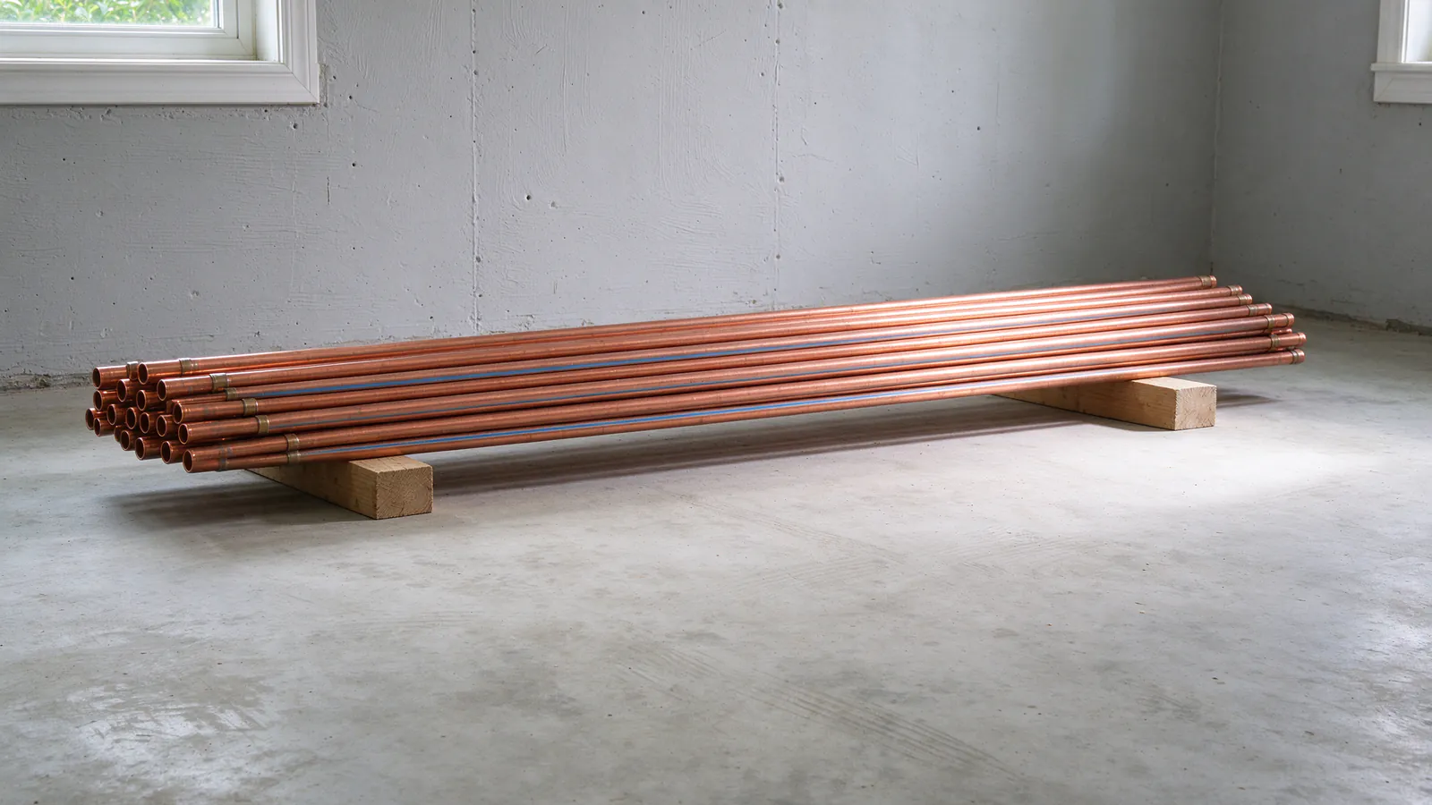 Straight lengths of new copper water tube stacked on wood blocks on a basement floor