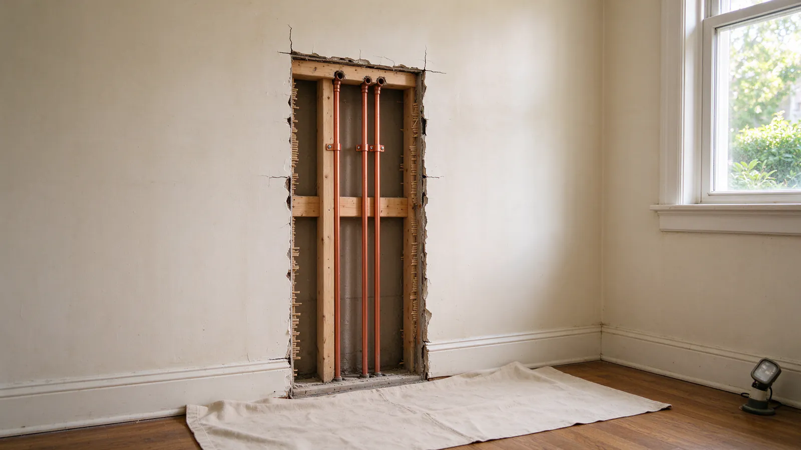 Three new copper water lines rising through a rectangular opening cut in an old plaster wall, with a drop cloth on the wood floor