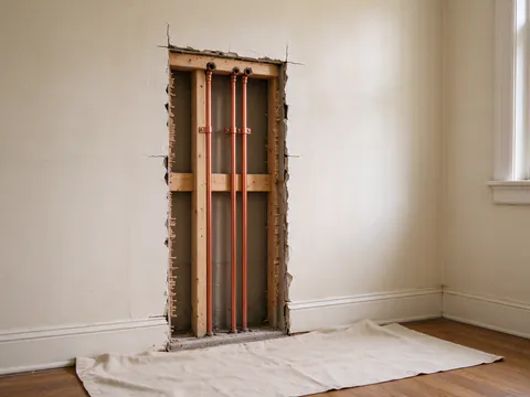 Three new copper water lines rising through a rectangular opening cut in an old plaster wall, with a drop cloth on the wood floor