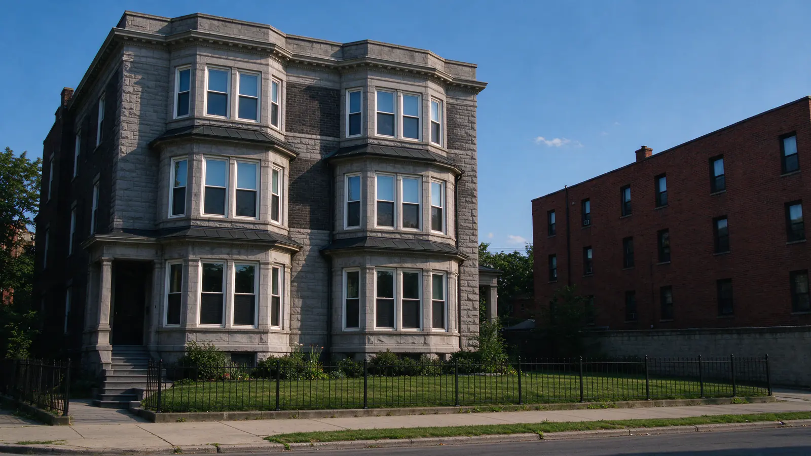 A three-story greystone apartment building with stacked bay windows and an iron fence beside a brick walk-up in Lake View, Chicago