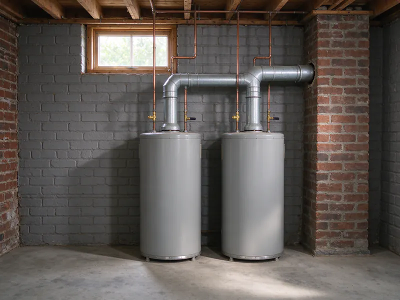 Two gas water heaters side by side with new copper connections and a shared vent to the chimney in a two-flat basement