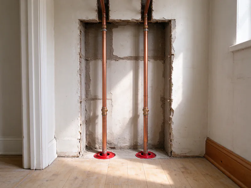 Two new copper risers in an opened closet chase, sealed with red firestop where they pass through the floor