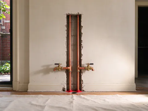 Two new copper risers in an opened plaster chase of a Chicago apartment, with branch valves and red firestop sealant at the floor