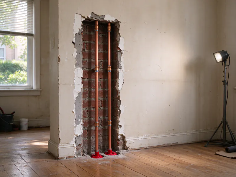 Two new copper risers in the same kind of opened chase, sealed at the floor with red firestop