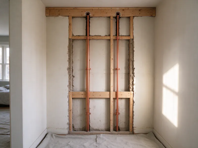 Two new copper water lines running up the stud bay of an opened closet wall