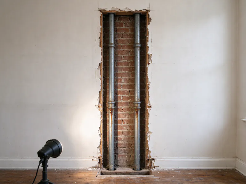 Two old galvanized risers with rust at the couplings in a tall opening cut in a plaster wall
