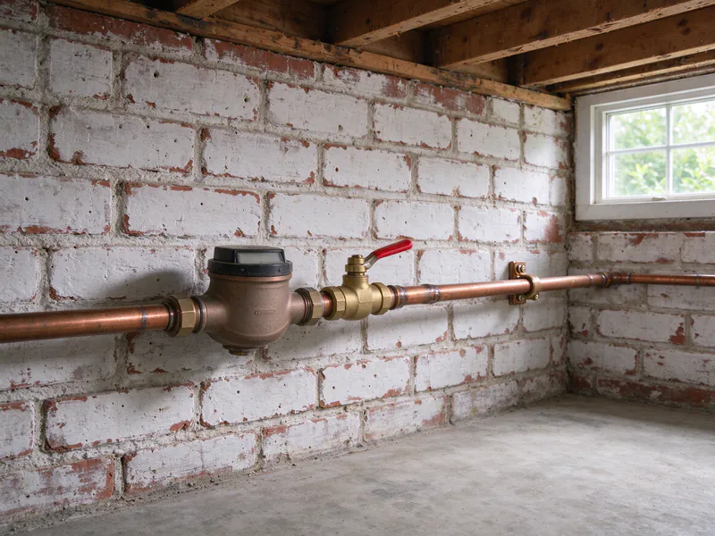 A water meter and new brass ball valve on copper pipe along a basement brick wall